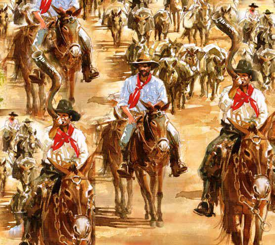 Pintura de tropeiros a cavalo conduzindo tropas pela antiga estrada